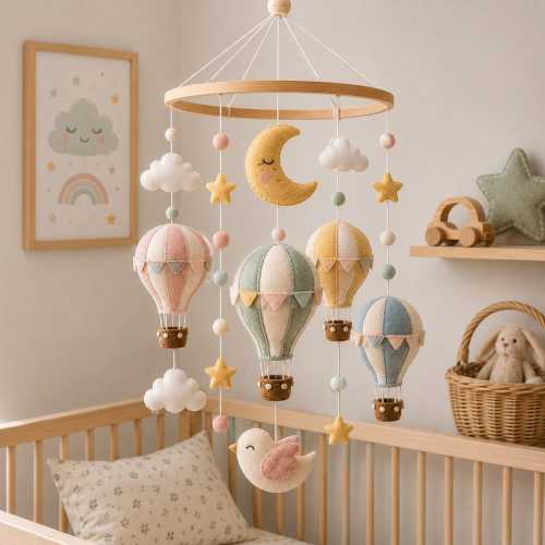Custom Felt Hot Air Balloon Baby Mobile, Cloud Moon Star Crib Mobile, Pastel Nursery Decor