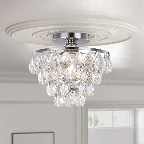 Luupyia Mini Crystal Chandelier Ceiling Light Small, Modern Crystal Ceiling Light for Hallway Fixtures Semi Flush Mount Silver Chandelier for Bedroom Hall Living Room Hallway