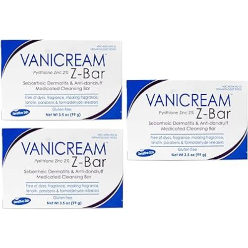 Vanicream Z-Bar Medicated Cleansing Bar, Pyrithione Zinc 2% for Seborrheic Dermatitis & Dandruff, Soap-Free, Gluten-Free, 3.5 oz (Pack of 3)
