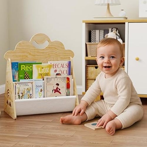 Wood Kids Bookshelf, Montessori Bookshelf,Suitable Kids Rooms, Nursery & Classroom, Toddler Book Rack, Nursery Book Shelves, Kids Bookcase, The Perfect Nursery Organizer
