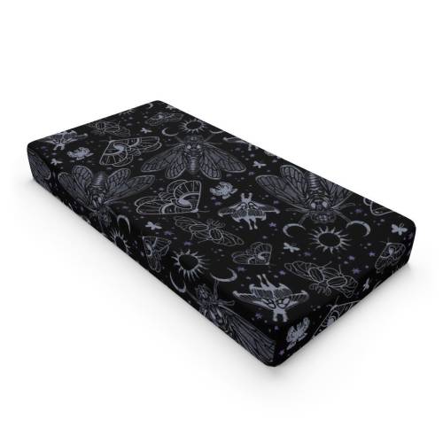 Occult Cicada Changing Pad Cover, Dark esoteric moth infant nursery decor, Gothic scarab changing table accessory, Witchy baby diaper tab