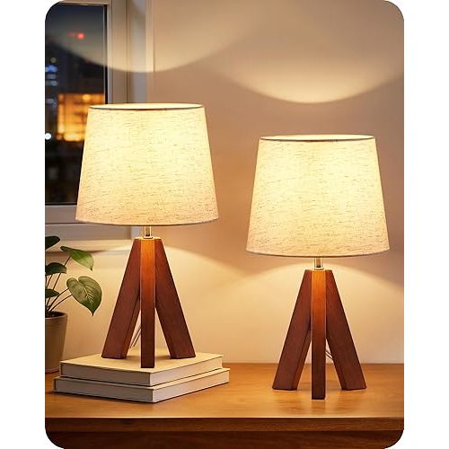 Tripod Table Lamps Set of 2, Small Bedside Lamps, Modern Nightstand Lamp with Dark Pearwood Base & Beige Shade, Boho Desk Light for Bedroom, Kids Room, Living Room, Office, Study, LE51TLP205