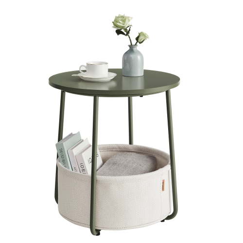 Round End Table with Fabric Basket, Forest Green & Cream White