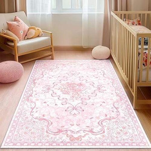 Pink Bow Rug for Bedroom Girls,6x9 Nursery Rugs for Living Room with Soft Low Pile, Cute Vintage Non Slip Washable Rug for Nursery Kids Playroom Dining Room College Dorm Girl