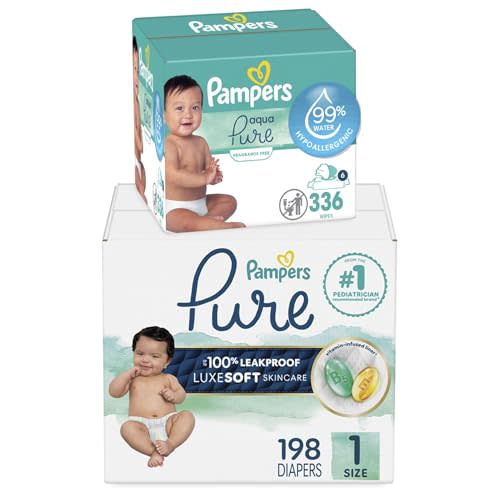 Pampers Pure Protection Disposable Baby Diapers Size 1, 198 Count with Aqua Pure Baby Wipes, 6X Pop-Top Packs (336 Count)