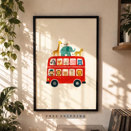 Safari Bus Wall Art, Toddler Room Print