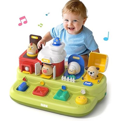 Interactive Pop Farm Animal Up Toys With Music Sounds,Cause and Effect Pop Up Toy for 1 year old,Learning Educational Montessori Toy for Toddlers 1-3, 1 Year Old Toys for Boys Girls Birthday Gift