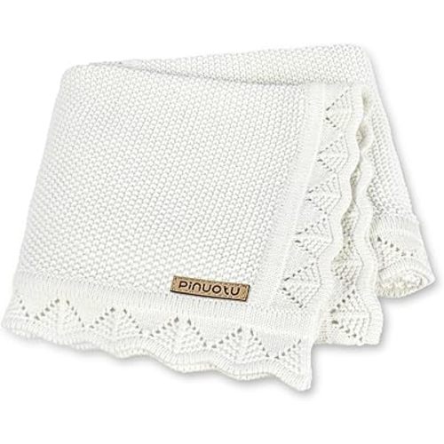 Knitted Baby Blanket for Boys & Girls, 100% Cotton Receiving Swaddle Crib & Stroller Blanket for Newborns, Infants, Toddlers, Milk White, 40 x 31 Inches