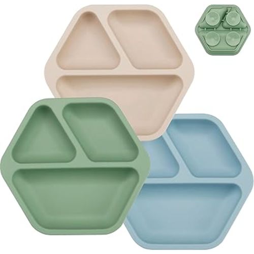 PandaEar 3 Pack Toddler Plates, Hexagon Divided Suction Plates for Baby, 100% Food Grade Silicone Baby Plates, Non-Slip, Baby Led Weaning Supplies, Microwave & Dishwasher Safe