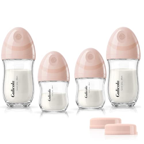 Gulicola Natural Glass Baby Bottles Set 4 Pack, Newborn Girl Breastfeeding Bottles with Slow Flow Nipples, 0 Months+, 3 oz & 5 oz - Pink