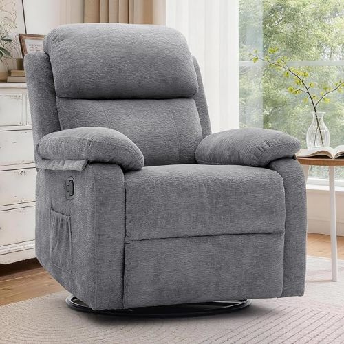 Korser Recliner Chair, 360 Swivel Rocker Chair for Adults, Small Rocking Recliner Chair for Small Spaces, Upholstered Chenille Fabric Glider Recliner Nursery Chair with Side Pockets for Living Room