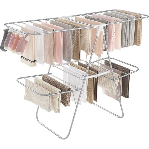 SONGMICS Clothes Drying Rack, Foldable 2-Level Laundry Drying Rack, Free-Standing Laundry Airer, with Height-Adjustable Wings, 33 Drying Rails, Sock Clips, Silver and White ULLR053W01V1