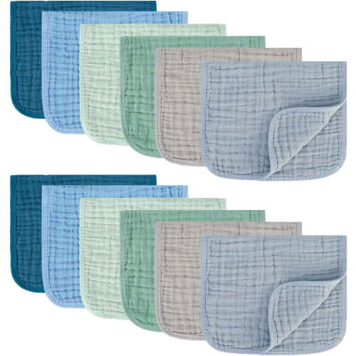 Muslin Burp Cloths 100% Cotton Pack of 12. Soft, Gentle & Absorbent Baby Burp Cloths for Baby Girl & Boys.(Blue & Green 12 Pieces)