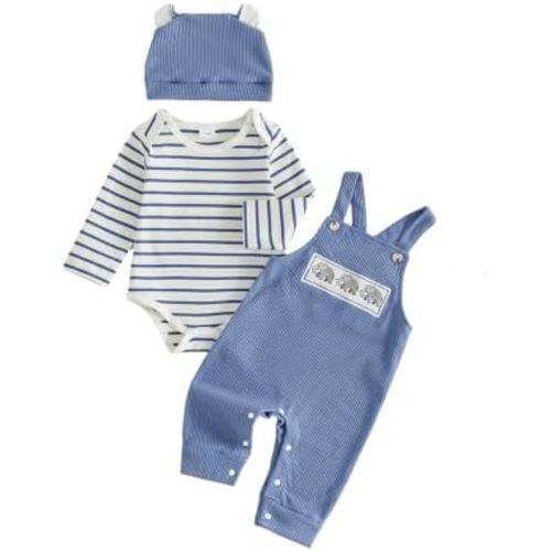 Baby Boy Clothes Set Bodysuit Top Suspender Pants Hat Newborn 3Pcs Outfit