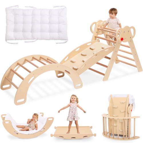 Pikler Triangle Set with Cushion, 8 in 1 Wooden Montessori Climbing Toys, Foldable Indoor Playground Jungle Gym Playsets for Toddler, Baby, Kid