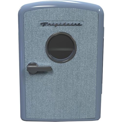 Frigidaire Mini Personal Fridge Cooler, 1 Gal Capacity fits 9 Cans, Includes Plugs for Home Outlet & DC Charger - 9.84" D x 7.09" W x 10.35" H, Light Washed Denim Fabric Door