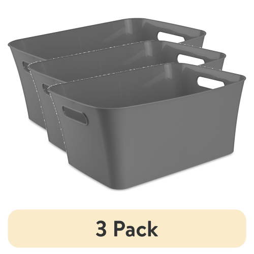 (3 pack) Mainstays Large Bin, Open Plastic Storage Containers, Versatile Stylish Organizers with Handles, Gray Flannel
