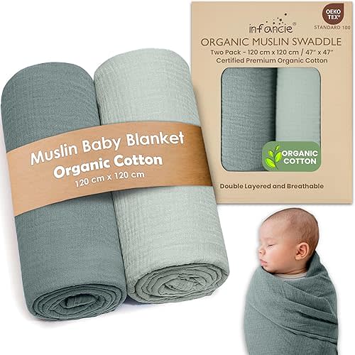 Organic Cotton Muslin Baby Blanket - 47x47 Inch Breathable Swaddle, Hypoallergenic Double-Layer, Versatile Use (Green/Mint Green, 47x47 Inch)