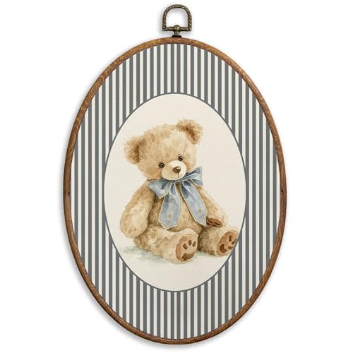 SONMYSULIL Bear Boy Girl Nursery Wall Art Decor, Kids Room Oval Wall Hanging Decor, Cute Blue Bow Bear Framed Canvas Prints for Kids Toddler Boy Girl Nursery Room Bedroom Playroom, 8.6x11.4 Inch