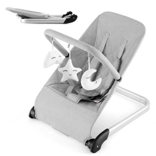 BABY JOY Baby Bouncer, Foldable Baby Rocker & Stationary Seat with 5-Point Safety Harness (Grey)