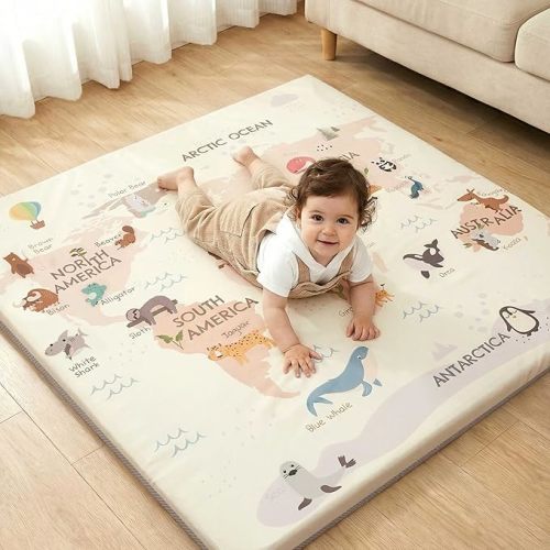Baby Play Mat for Floor 47x47, 1.5” Thick Vegan Leather Crawling Mat with Removable Cover, Waterproof Playpen Mat for Infants and Toddlers, Wipe-Clean Kids Playmat, World Map