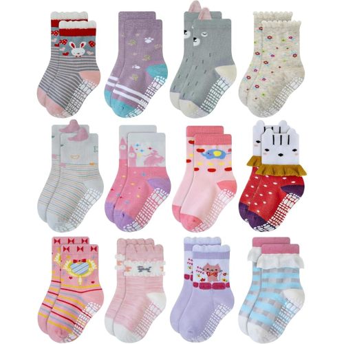 RATIVE Non Skid Anti Slip Cotton Dress Crew Socks With Grips For Baby Infant Toddler Kids Girls (0-6 Months, RG-92X)