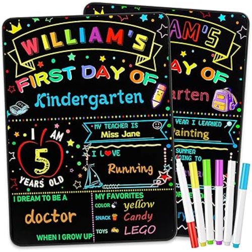 First and Last Day of School Board Sign with 6 Colorful Liquid Chalk Markers Pack - 14”x11” Double-Sided - Back to School Supplies for Kindergarten Preschool