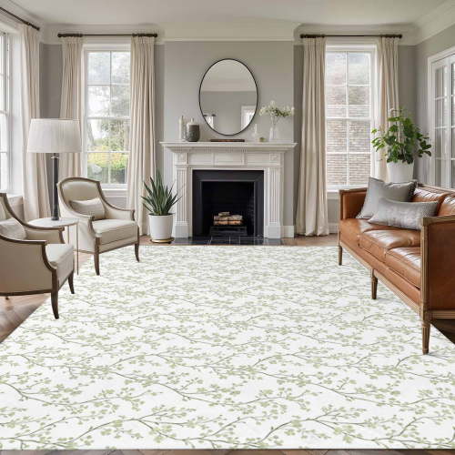 Sage Green Botanical Area Rug 6x9 FT, Non Slip Living Room Throw Carpet, Plant Flower Floral Tree Branch Washable Soft Large Floor Carpet Non-Shedding Rug for Bedroom Dining Room Play Room