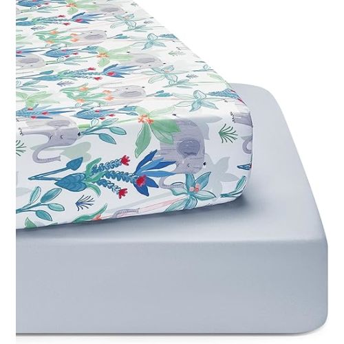 TILLYOU Baby Crib Sheets for Boys Girls, Super Soft Toddler Bed Sheets, 2 Pack Sheets for Standard Crib Mattress 28x52in, Rainforest Elephant