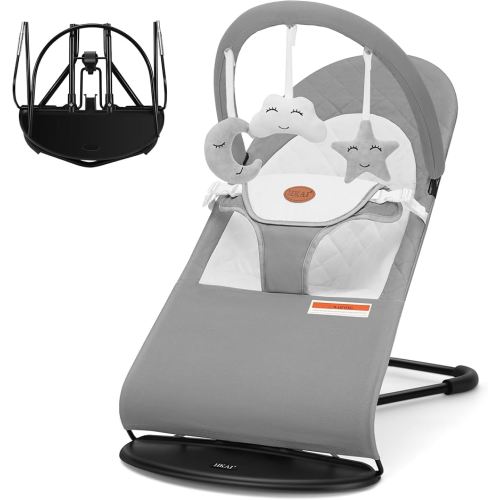 HKAI Baby Bouncer, Portable Baby Bouncer Seat for Babies 0-18 Months, 100% Cotton Fabrics, 3 Modes of use with Rocker and Stationary Options, Infant Rocker Chair with Hanging Toys-Light Grey