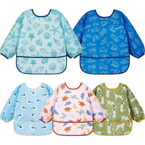 Lictin Long Sleeve Bibs 5 Pack - Baby Bibs, Waterproof Toddler Bibs, Baby Smock for Eating, Baby Bibs for Feeding Teething