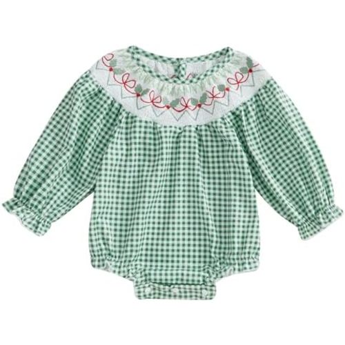 Honganda Newborn Baby Girl Christmas Outfit Plaid Smocked Bubble Romper Santa Claus Gingerbread Man Embroidery Xmas Clothes