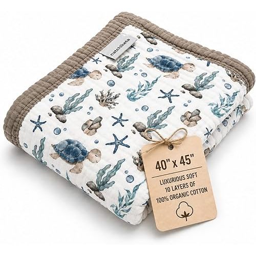 Organic Cotton Muslin Baby Blanket for Boys & Girls - Luxurious Soft Toddler Quilt for Swaddling - Gender Neutral Blanket - Baby and Toddler Gift - Sea Turtle
