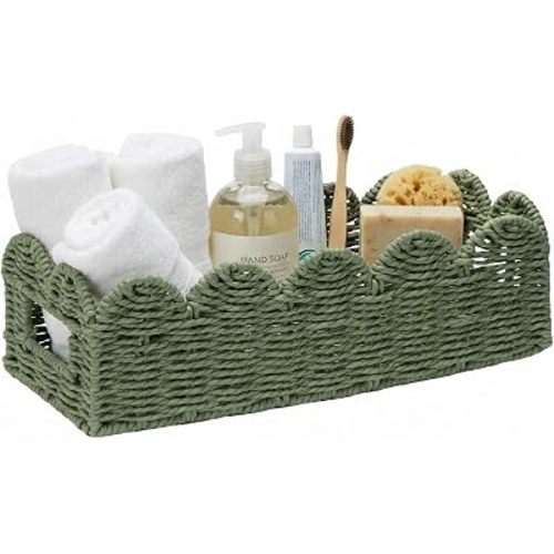 Sage Green Scalloped Basket, Toilet Tank Tray, Back of Toilet