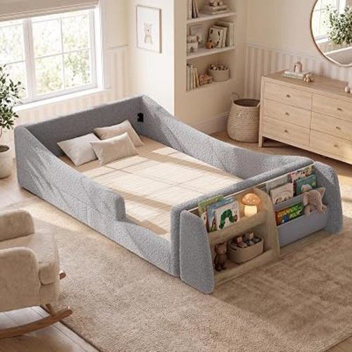 HAUOMS Floor Bed, Low Montessori Beds, Slats & High Rails, Upholstered Bed