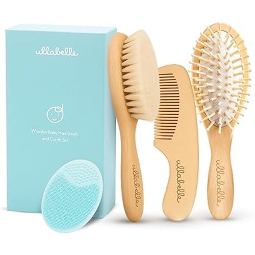 4 Piece Wooden Baby Hair Brush and Comb Set for Newborns & Toddlers in Chic Gift Box - Ultra Soft Natural Goat Hair and Wood Baby Brush Set Prevents Cradle Cap - Perfect Registry Gift (Blue)