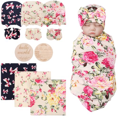 DRESHOW BQUBO Floral Swaddles for Baby Girl Newborn Receiving Blanket with Bow Hat Mittens Wooden Birth Announcement Card Set Baby Floral Print Swaddle Nursery Swaddle Wrap