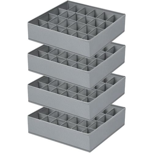Sock Organizer 4 Pack, 24 Cell Underwear Organizer Foldable Underwear Storage, Sock and Underwear Drawer Organizer for Socks Ties Underwear Belts. (Grey)
