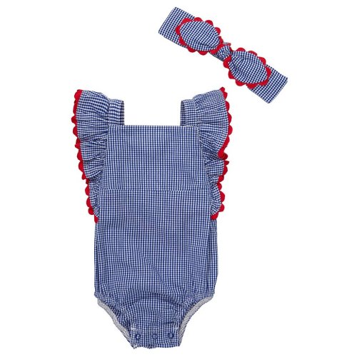 Mud Pie Baby Girls Gingham Sleeveless Ruffle Ric-Rac Trimmed Sun Bubble Romper