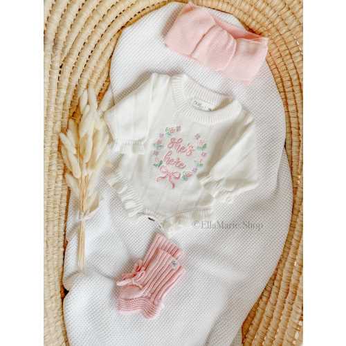 Newborn girl coming home outfit, she’s here embroidered floral custom keepsake, knit ruffle romper, wildflower personalized gender reveal