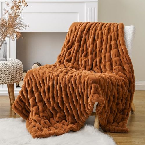 BATTILO HOME Orange Faux Fur Throw Blanket for Couh, Fall Throw Blanket for Home Decor Double Side Ruched Rabbit Fur Blanket for Bed, Couch, Super Soft Cozy Mink Blanket, Fall Decor, 60x80 Inches