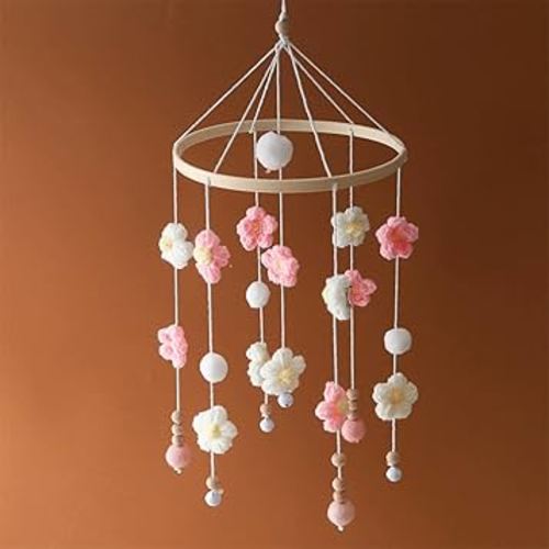 Baby Mobile for Crib - Modern Baby Mobile - Nursery Mobile for Girl or Boy - Hand-Crocheted Colourful Little Flower - Baby Crib Mobile for Boys Girls (B)