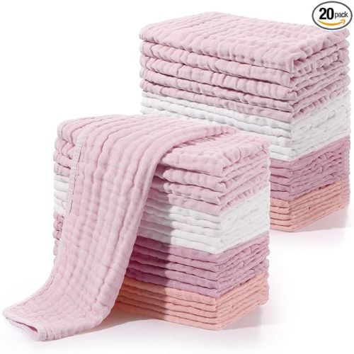 Muslin 20 Pcs Burp Cloths Large 20" x 10" 100% Cotton 6 Layers Ultra Absorbent and Soft Hand Washcloths for Baby Drool and Messes Gentle Burp Cloth for Boys & Girls(Sweet Colors)