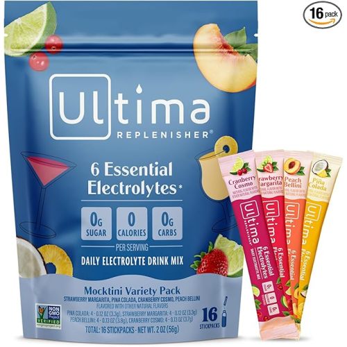 Ultima Replenisher Daily Electrolyte Powder – Mocktini Variety Pack, 16 Stickpacks – Zero Sugar Hydration Packets with 6 Electrolytes and Minerals – Sugar Free, Plant Based & Keto Friendly​ Drink Mix