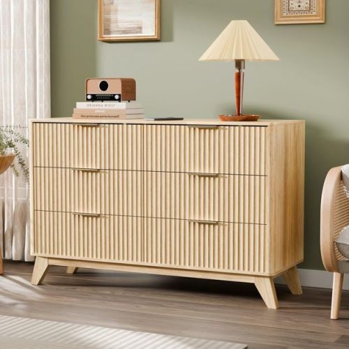 VINGLI Fluted Dresser 6 Drawer, Wood Dresser for Bedroom with Rounded Edges