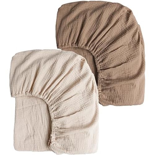 Konssy Muslin Crib Sheets for Girl Boy, 2 PCS Soft and Breathable Cotton Baby Sheets for Standard Crib Mattress, 52"x 28" (Brown, Cream)