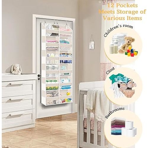 Ofiray-home Over the Door Organizer 6 Tiers, Extra Large Behind Door Storage of 12 Compartments,80 lbs Weight Capacity Hanging Storage Organizer with Clear Window Kids Toys, Shoes, Diapers,Beige