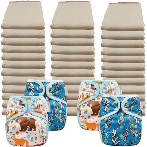 OsoCozy Economy Prefold Diaper Package - 3 Dz. Premium 4x8x4 Unbleached Better Fit 100% Cotton Prefold Diapers (14-30 lbs) & 4 One-Size Diaper Covers (2 Forest Critters, 2 Jay Feathers)