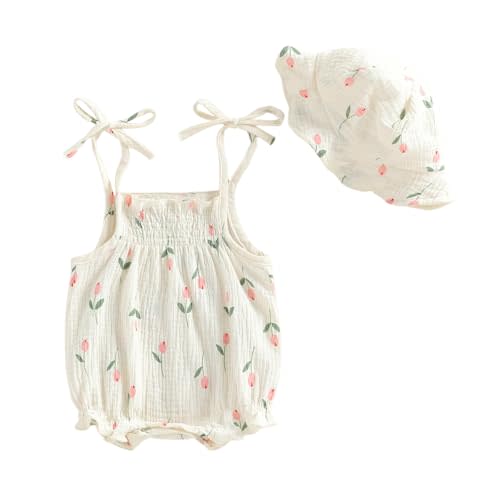 Newborn Baby Girl Floral Smocked Romper Spaghetti Strap Bodysuit with Sun Hat 3Pcs Set Infant Summer Outfit 0‑18M