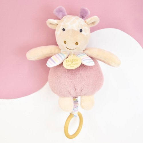 Boîte à musique bébé girafe rose 20 cm - Doudou musical pour endormissement de bebe